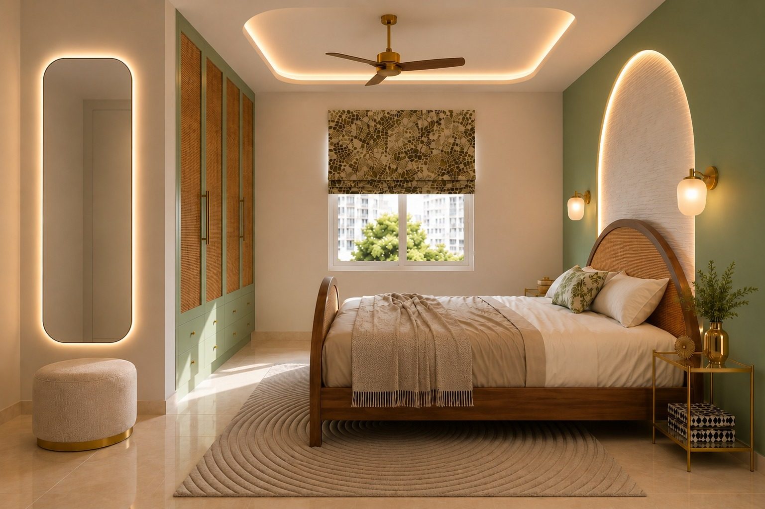 Bedroom in sage and cream with a cane headboard, arched cove light and brass fittings